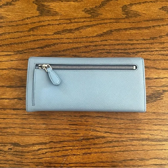 Prada Saffiano Leather Light Blue Metal Flap Bar Continental Wallet - Picture 3 of 13